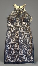 NEW R  M Richards Sz 12 Glitter Lace Halter Neck Dress Black  Nude NWT