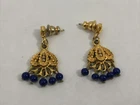 Gold Tone Blue Beads Dangling Earrings Vintage Costume Jewelry