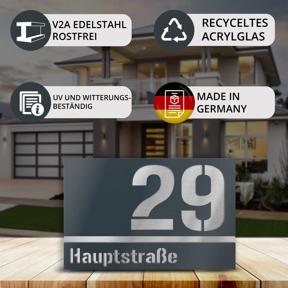 Graviers Hausnummer + Straßenname Haus Nr. Schild mit Gravur Edelstahl RAL 7016 - Image 3 of 4