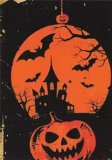 Postcard Halloween Haunted House Bats Pumpkins 4x6 Modern Print