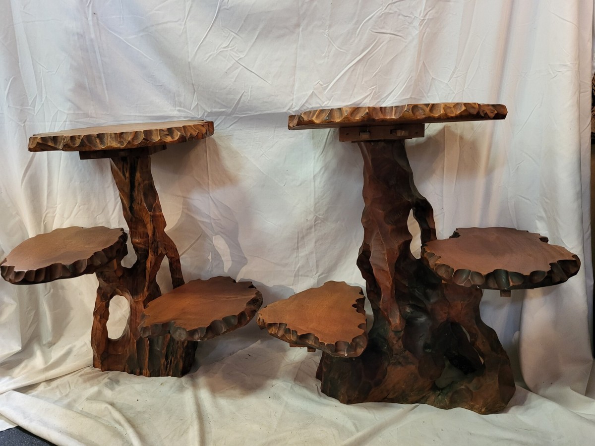 VTG 3 Tier Table Live Edge Thick Natural Burled Wood PAIR Root