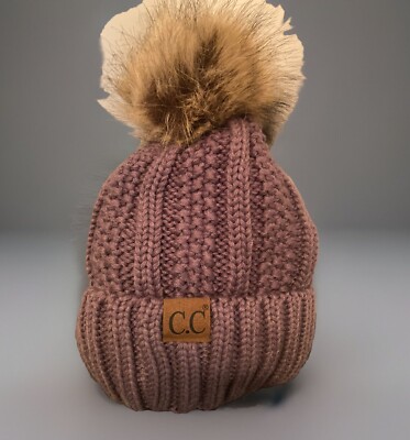 C.C. Women's Exclusive Knit Hat Snow Winter Lined Beanie with Fur Pom Pom Mauve