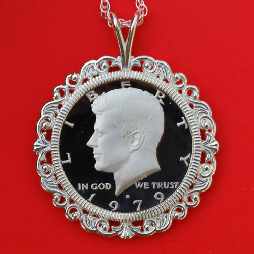 US 1979 Kennedy Half Dollar Gem BU Proof Coin Solid 925 Sterling Silver Necklace - Afbeelding 1 van 5