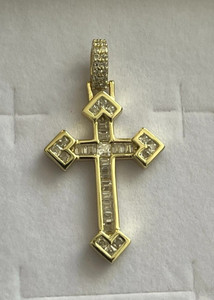 Authentic 2Ct Baguette Cut Certified Moissanite Women Cross Pendant 14K Yellow Gold Plated