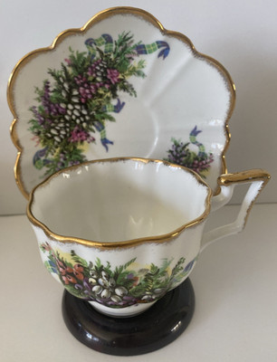 Salisbury Bone China Heather Floral Tartan ribbons Teacup Saucer England Scallop