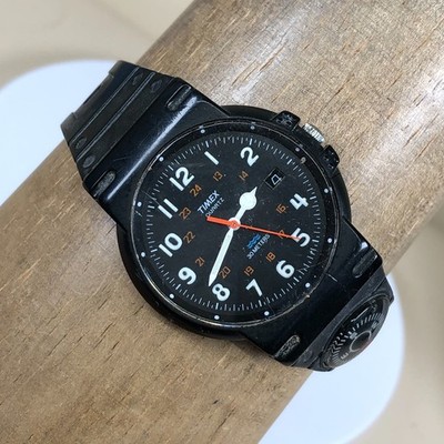 Vintage Timex Black Max Men Field Date Compass Rubber Quartz 36mm Watch 7 3/4''