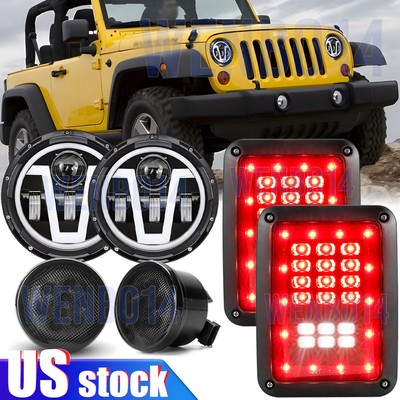For Jeep Wrangler JK 07-18 Combo 7'' Halo LED Headlights Turn Tail Brake Lights