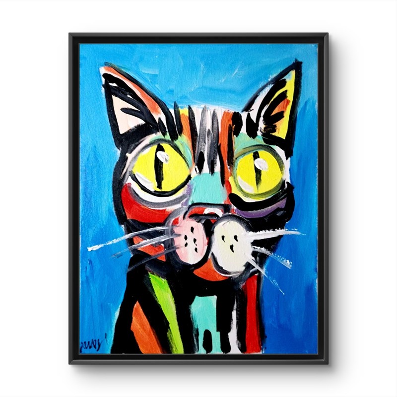Original Abstract Cat Painting Canvas Neo Expressionist Fine Art Decor 11x14