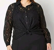 Bold Elements Tiefront Black Lace Blouse 1X New With Tag Free Shipping MSRP $49 