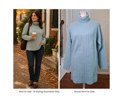 Neiman Marcus 100% Cashmere Turtleneck Tunic Sweater Green Women M Ribbed Fall
