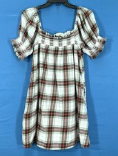 AMERICAN EAGLE Red/Green PLAID Flannel SMOCKED DETAIL Puff Sleeve A-LINE DRESS S