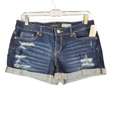 Aeropostale Womens Midi Denim Shorts Dark Wash Distressed Cuffed Size 4 NWT