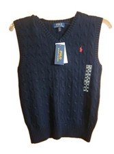 Polo Ralph Lauren 100 Cotton Boy Cable Knit V-Neck Vest Navy SZ M 10-12 NWT