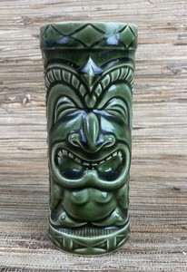 Vintage Tiki Mug Green Glaze Unmarked 6.5" Tall Pre Owned