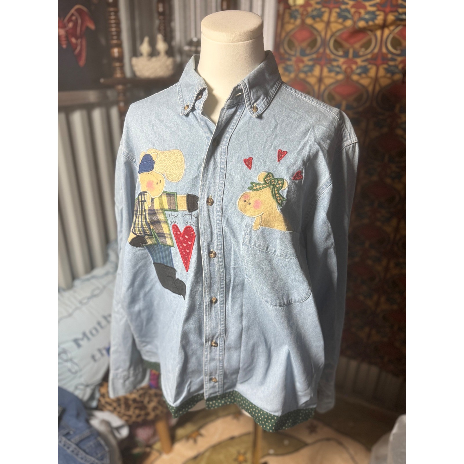 Jerzees Denim Button Down Shirt Medium Novelty Ap… - image 1