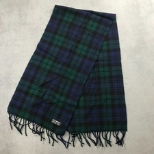Scottish Plaid Lambs Wool Scarf Blue Green Made in Great Britain Fringe 12"x26"