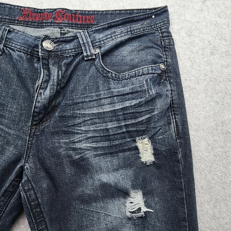 Xtreme Couture Jeans Mens 38x32 Blue Distressed Denim Straight Leg Embroidered - Image 4 of 4