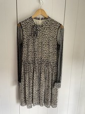 RED VALENTINO Sz 44 Black Animal Print 95% Silk + Black Lace Sleeve £820 Dress 