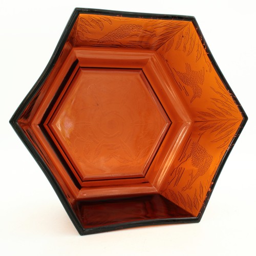 Sherdley Kinfishers Amber Glass Hexagonal Bowl Art Deco 1930s - Picture 9 of 20