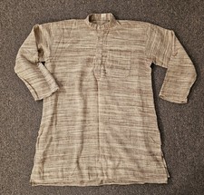 Mens Kurta Tunic Shirt Indian 3 Pockets Brown Beige Striped See Measurements