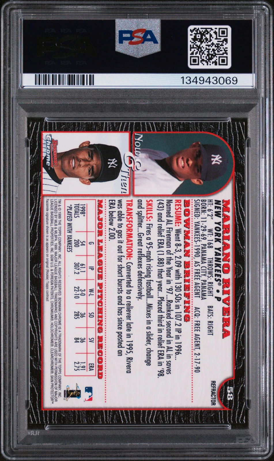 1999 Bowman Chrome Mariano Rivera Refractor PSA 9 POP 12 view 2