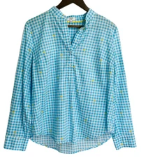 Crown & Ivy Shirt Womens Large Blue Cotton Checkered Palm Tree Print Long Sleeve