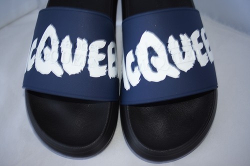 New Alexander Mcqueen Men's Slider Sandals Size 39 Rubber Blue Logo - Picture 11 of 12