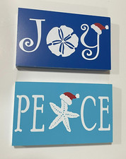 NEW 10" CHRISTMAS COASTAL BEACH BLUE CHRISTMAS WOOD DECOR SET OF 2 FREE SHIP