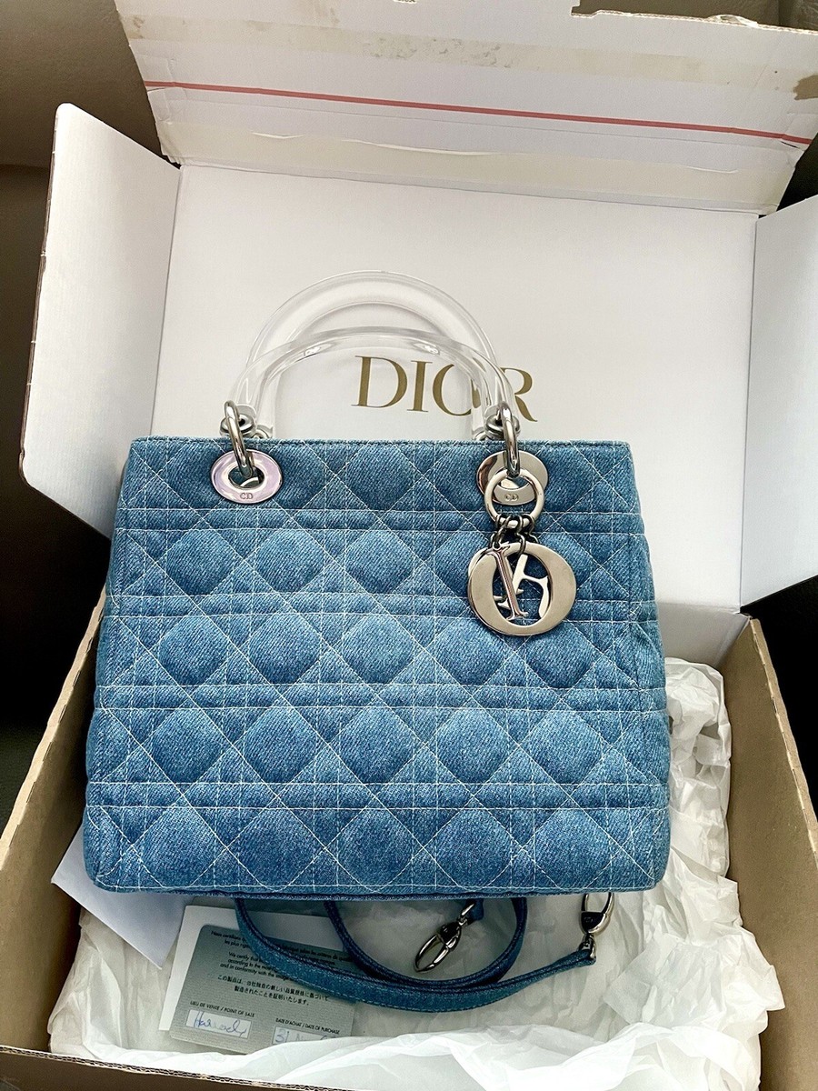 CHRISTIAN DIOR Lady Dior Cannage Medium 2WAY Denim Blue Hand Bag Excellent  Con