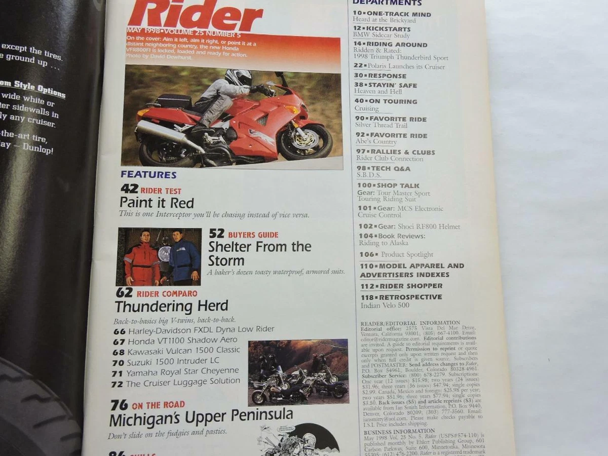 Rider Magazine May 1998 Honda Kawasaki Vulcan Triumph Thunderbird