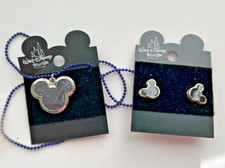 Disney Mickey Mouse Ears Pendant Necklace  Earrings Set Purple Sparkle 18" New