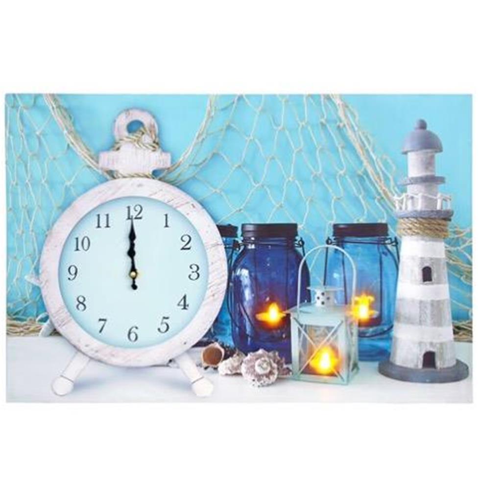 DECORATIVE COASTAL THEMED LIGHTHOUSE LED LIT CLOCK ON CANVAS WALL ARTWORK