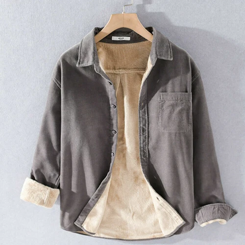 Camisa Para Hombres Pana Forrada de Vellón Manga Larga Cuello Cálido Top Blusa Bolsillo - Imagen 7 de 21