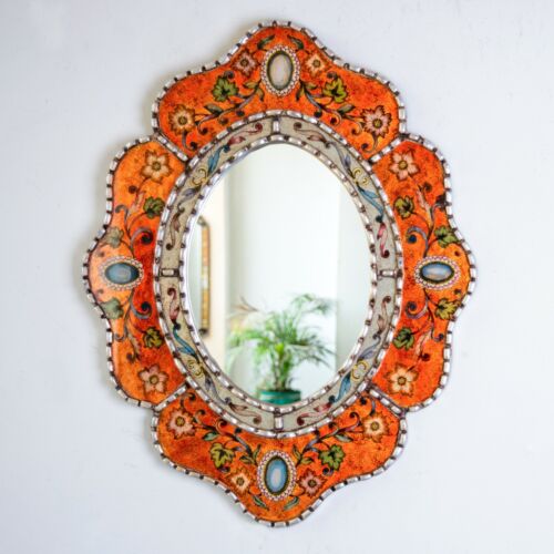 Peruvian Hand-Painted Glass Mirror for wall art decor - Accent oval Wall Mirror - Picture 1 of 7