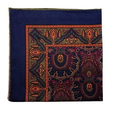 Navy Blue  Magenta Medallion Wool/Silk Pocket Square Hand-Rolled in England 