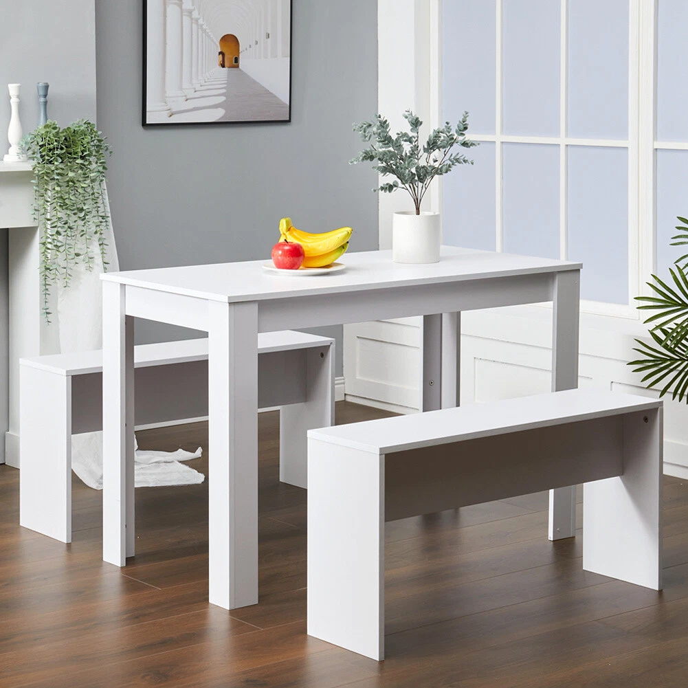 Rectangular Dining Table with 2 Benches Small Kitchen Wooden 3 Pieces Set White