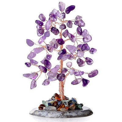 Amethyst Healing Crystal Tree of Life Natural Gemstone Agate Slice Base Coppe...