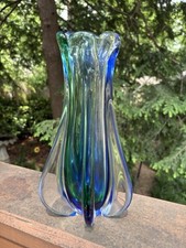 Glass Of Venice Murano Glass Sommerso Ribbed Bud Vase Blue  Green 10  X 5.5  