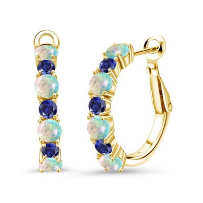18K Yellow Gold Plated Silver White Opal and Created Sapphire Hoop Earrings For