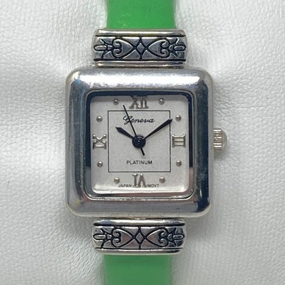Geneva Womens Watch 22mm Silver Tone Green Cuff Spring New Battery SMALL 5.75''