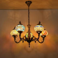 Turkish Moroccan Pendant Light 5-Globes Tiffany Mosaic Bedroom Lamp