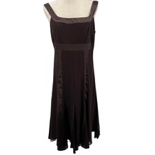 Davids Bridal Size 10 Brown Satin Trim Godet Cocktail Dress Square Neck Midi
