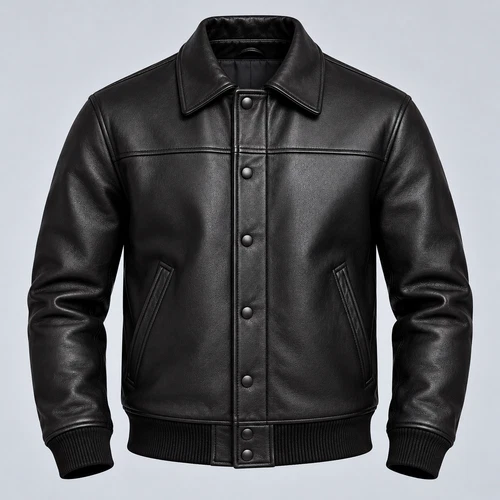 Men's Black Quilted Leather Bomber Jacket Ribbed Cuffs Classic Vintage Coat image 3