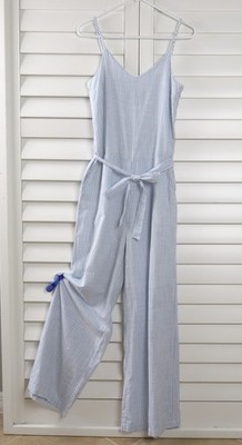 ICHI NWT $92 White Blue Striped Lined Bow Belted Cotton Jumpsuit Size Small