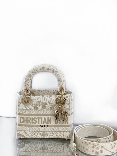 Dior Lady Dior Mini Off-White Embroidered Fabric Top Handle Crossbody Bag Duty P
