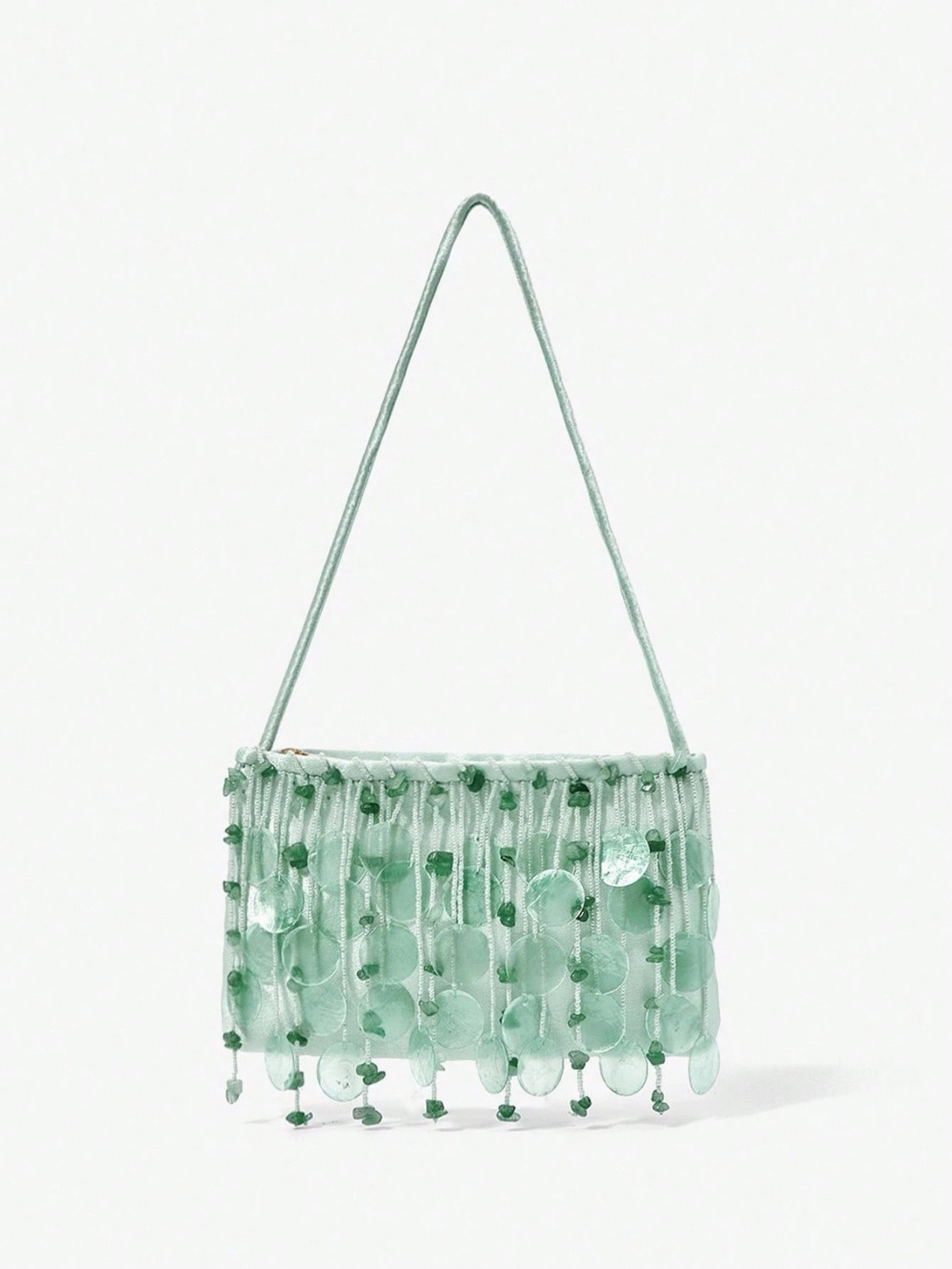 Women Mint Green Beaded Shell Accent Shoulder Bag Zipper Purse