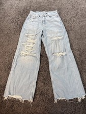 American Eagle Jeans 4 Short Blue Super High Rise Baggy Wide Leg Distressed