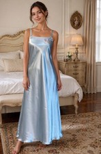 Vintage Halston Pale Blue Night Gown Maxi Dress Liquid Satin Petite M Elegant