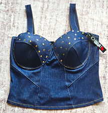 Stud-Embellished Dark Blue Denim Bustier Top