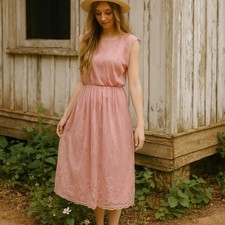 Vintage 1980s Pastel Cottagecore Pink Lace Slinky Midi Dress XS/S